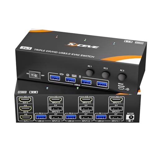 KCEVE 8K KVM Switch 3 Monitors 3 Computers Displayport HDMI | USB